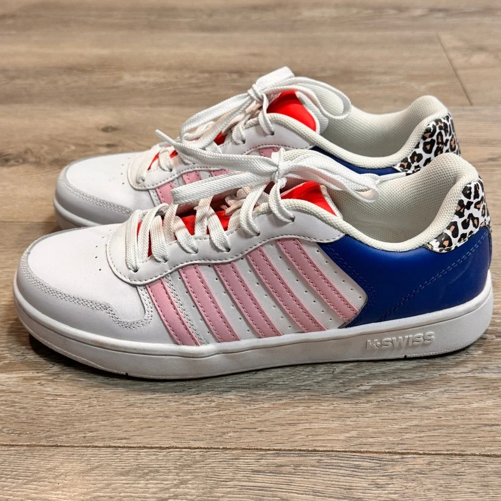 K Swiss Womens Low Top Sneakers White Pink‎ Blue Leopard Accent Lace Up Size 9